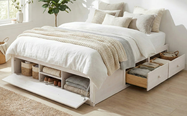 English Elm Queen Platform Storage Bed with Hydraulic Lift Footboard and Four Drawers Antique Finish White LP000139AAK