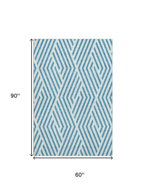 HomeRoots 5' Teal and Ivory Geometric Area Rug - Washable, UV Protected, Soft, Stylish, Perfect for Families! 648600