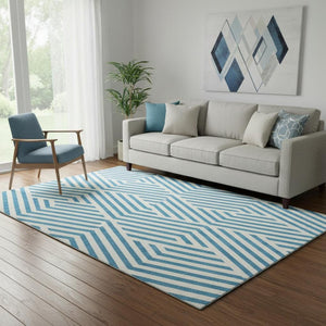 HomeRoots 5' Teal and Ivory Geometric Area Rug - Washable, UV Protected, Soft, Stylish, Perfect for Families! 648600