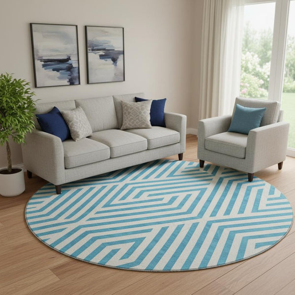 HomeRoots 8' Teal and Ivory Geometric Round Rug - Washable, UV-Protected, Durable & Stylish for Any Space! 648601