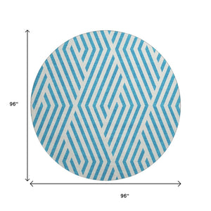 HomeRoots 8' Teal and Ivory Geometric Round Rug - Washable, UV-Protected, Durable & Stylish for Any Space! 648601