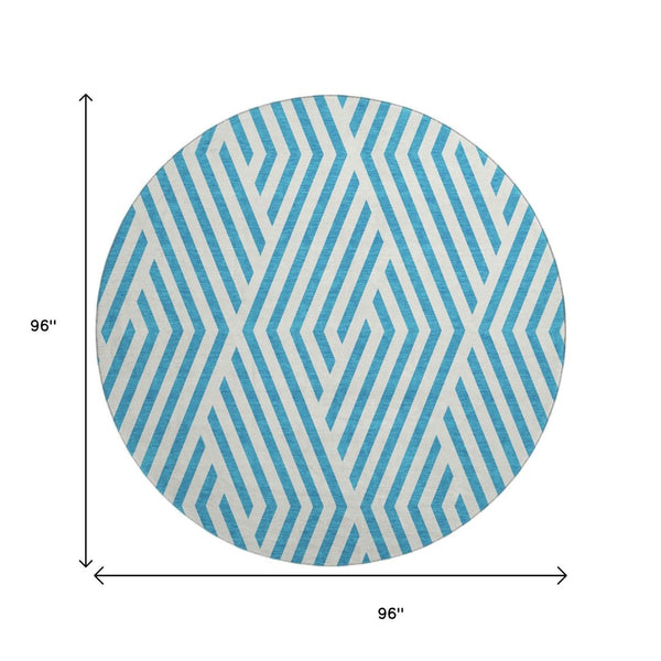HomeRoots 8' Teal and Ivory Geometric Round Rug - Washable, UV-Protected, Durable & Stylish for Any Space! 648601