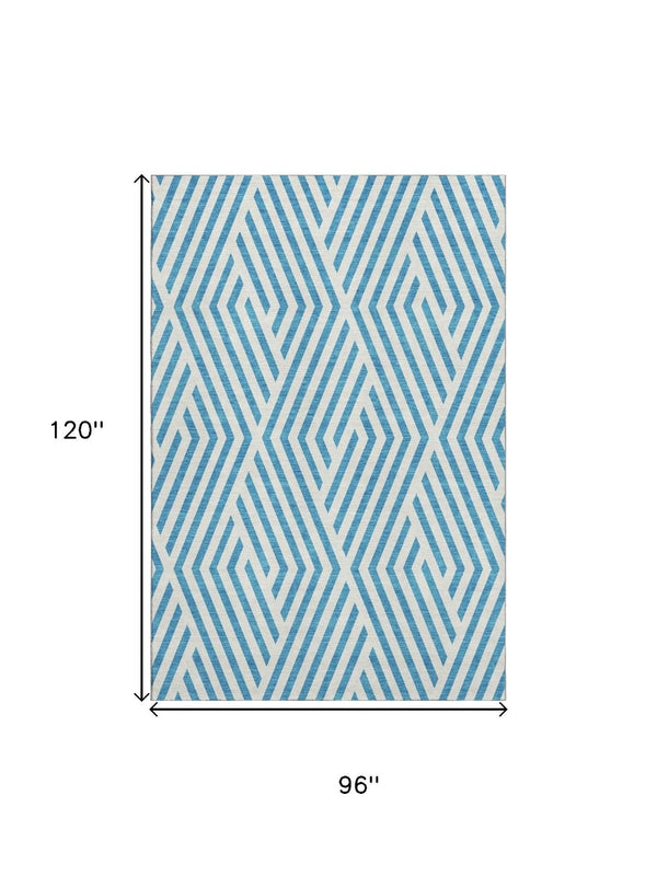 HomeRoots 8' X 10' Teal and Ivory Geometric Area Rug - Washable, Stain-Resistant, UV Protected for Modern Homes 648602