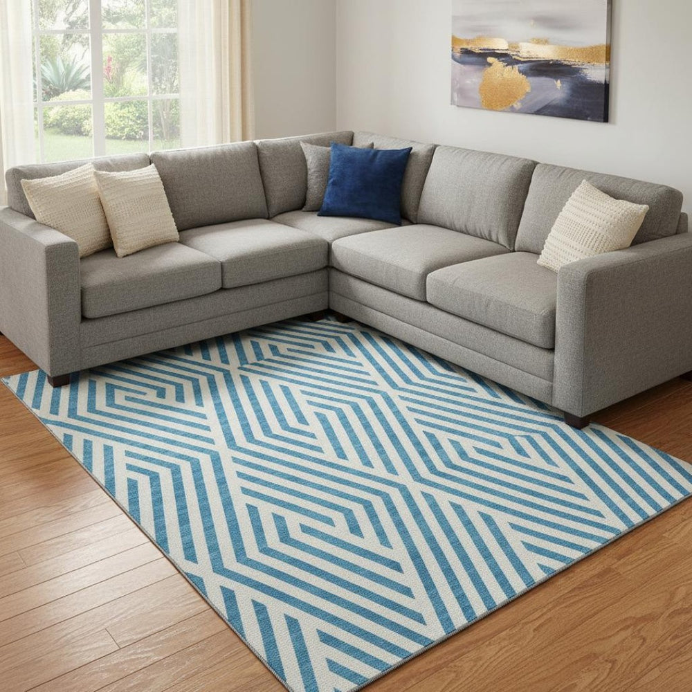 HomeRoots 8' X 10' Teal and Ivory Geometric Area Rug - Washable, Stain-Resistant, UV Protected for Modern Homes 648602