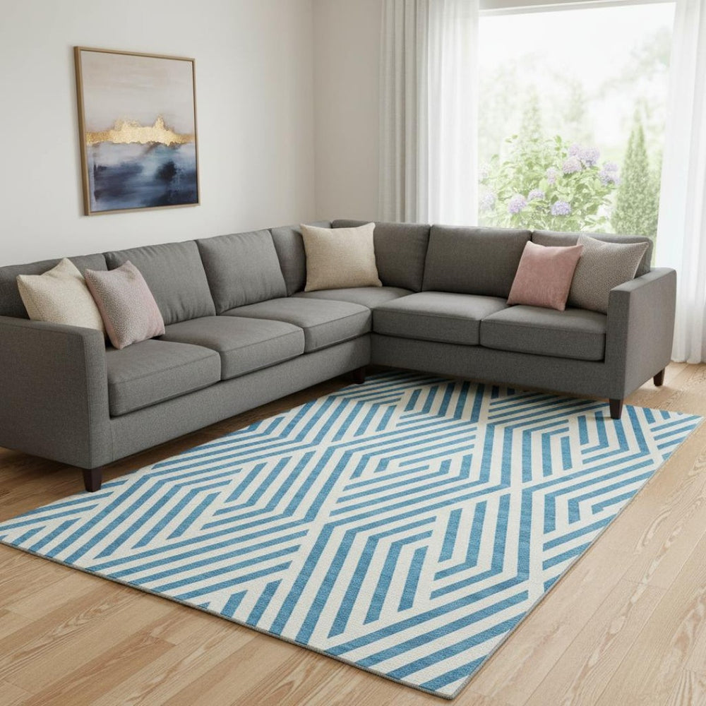 HomeRoots 9' X 12' Teal and Ivory Geometric Area Rug – Washable, UV Protected, Stylish & Pet-Friendly Design! 648603