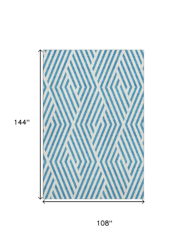 HomeRoots 9' X 12' Teal and Ivory Geometric Area Rug – Washable, UV Protected, Stylish & Pet-Friendly Design! 648603