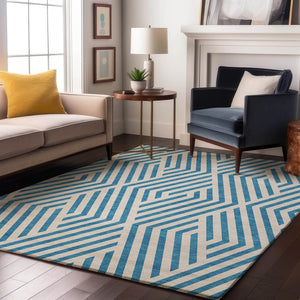 HomeRoots 10' x 14' Teal & Ivory Geometric Area Rug – Stylish, Washable, UV-Protected for High-Traffic Homes! 648604