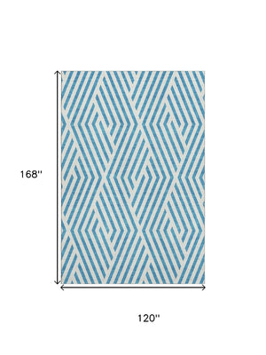 HomeRoots 10' x 14' Teal & Ivory Geometric Area Rug – Stylish, Washable, UV-Protected for High-Traffic Homes! 648604
