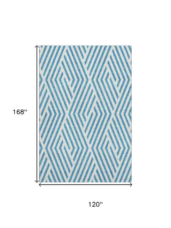 HomeRoots 10' x 14' Teal & Ivory Geometric Area Rug – Stylish, Washable, UV-Protected for High-Traffic Homes! 648604