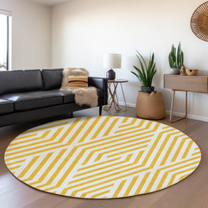 HomeRoots 8' Yellow and Ivory Geometric Washable Round Rug - Stylish, Durable, UV-Resistant for Active Homes 648607