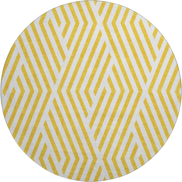 HomeRoots 8' Yellow and Ivory Geometric Washable Round Rug - Stylish, Durable, UV-Resistant for Active Homes 648607