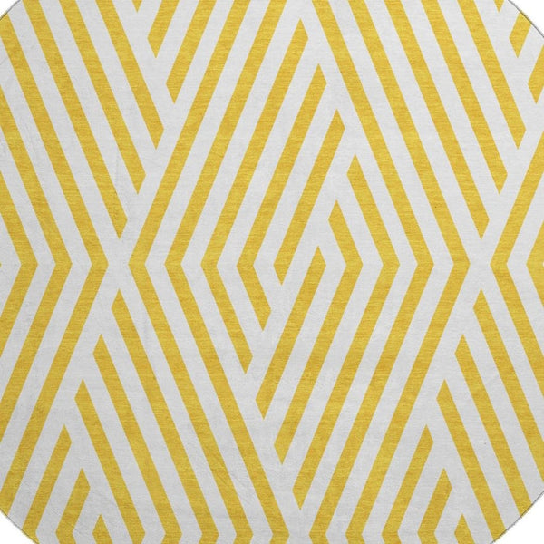HomeRoots 8' Yellow and Ivory Geometric Washable Round Rug - Stylish, Durable, UV-Resistant for Active Homes 648607