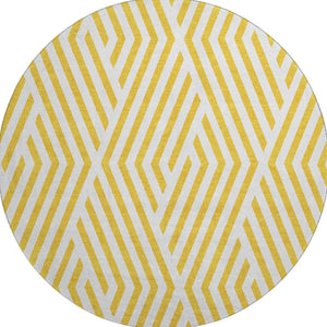 HomeRoots 8' Yellow and Ivory Geometric Washable Round Rug - Stylish, Durable, UV-Resistant for Active Homes 648607