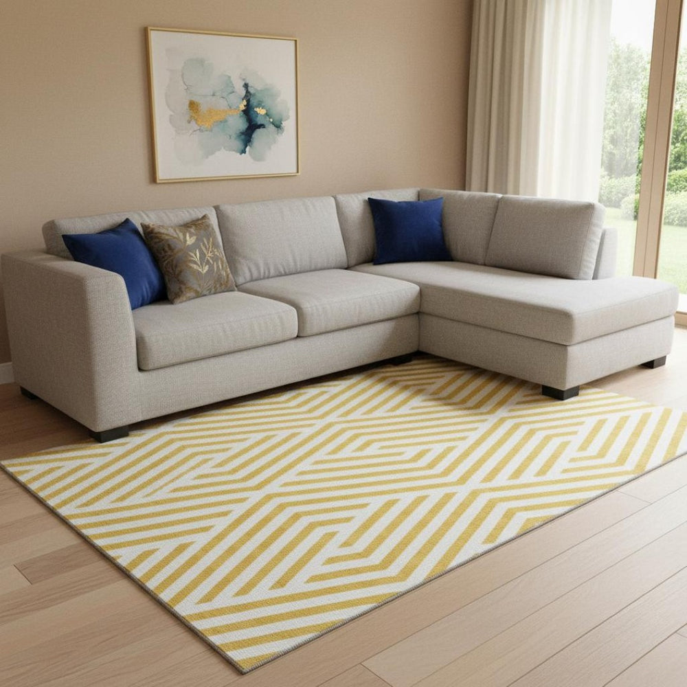 HomeRoots 8' X 10' Yellow & Ivory Geometric Area Rug - Washable, UV-Protected, Durable for Active Homes 648608
