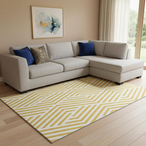HomeRoots 8' X 10' Yellow & Ivory Geometric Area Rug - Washable, UV-Protected, Durable for Active Homes 648608