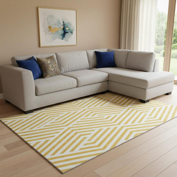 HomeRoots 8' X 10' Yellow & Ivory Geometric Area Rug - Washable, UV-Protected, Durable for Active Homes 648608