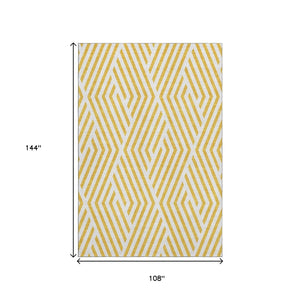 HomeRoots 9' X 12' Yellow and Ivory Geometric Area Rug – Durable, Washable, UV-Protected, Modern Design for Homes 648609
