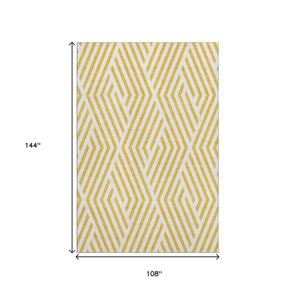 HomeRoots 9' X 12' Yellow and Ivory Geometric Area Rug – Durable, Washable, UV-Protected, Modern Design for Homes 648609