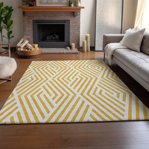 HomeRoots 9' X 12' Yellow and Ivory Geometric Area Rug – Durable, Washable, UV-Protected, Modern Design for Homes 648609
