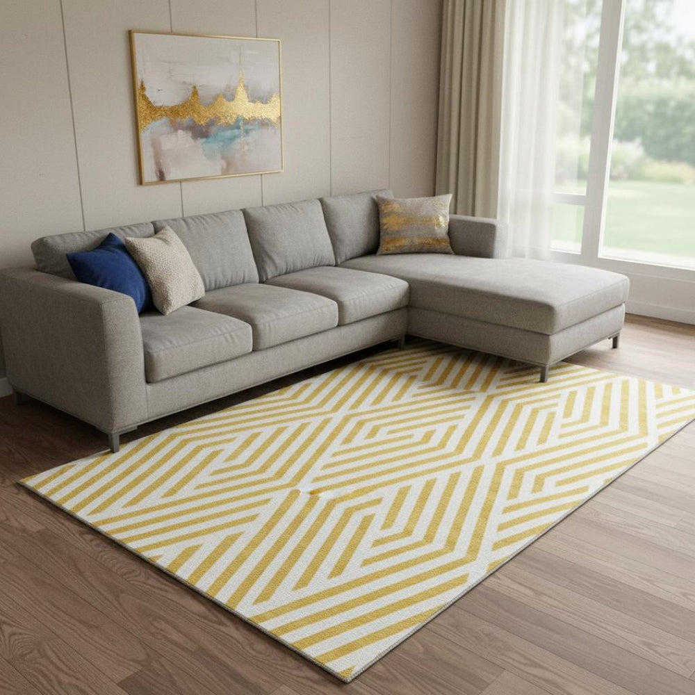 HomeRoots 9' X 12' Yellow and Ivory Geometric Area Rug – Durable, Washable, UV-Protected, Modern Design for Homes 648609