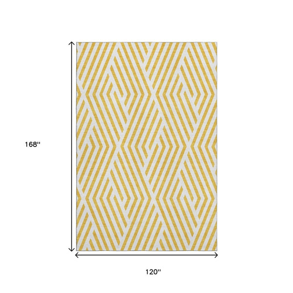 HomeRoots 10' X 14' Yellow & Ivory Geometric Washable Area Rug - UV Protected, Stain-Resistant & Pet-Friendly 648610