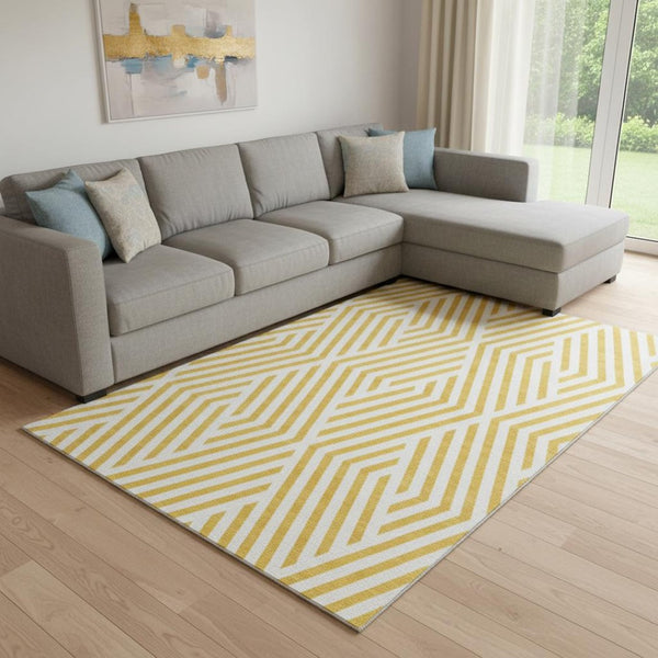 HomeRoots 10' X 14' Yellow & Ivory Geometric Washable Area Rug - UV Protected, Stain-Resistant & Pet-Friendly 648610