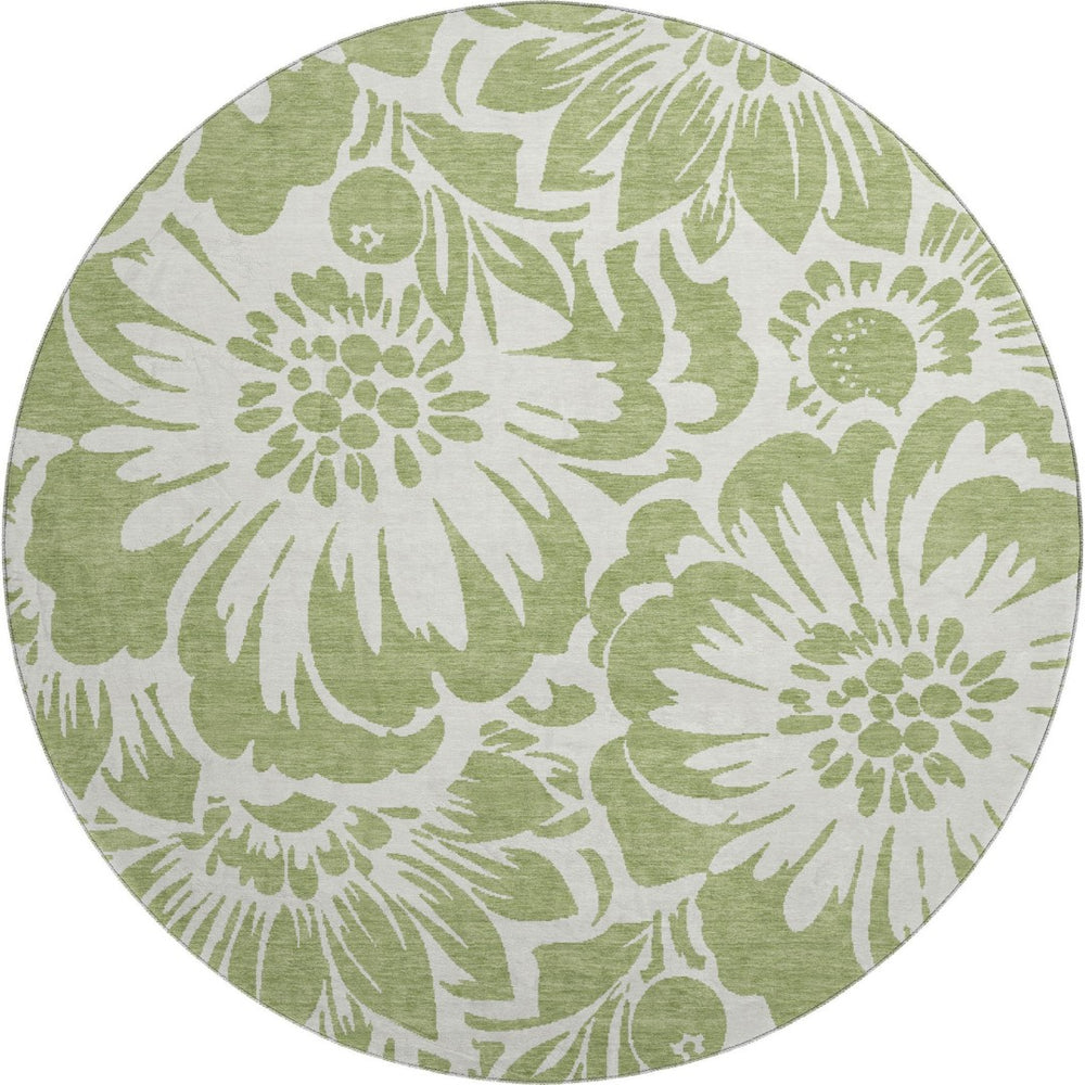 HomeRoots 8' Fern Green Floral Round Rug - Washable, UV-Protected, Durable & Stylish for Family Homes 648613