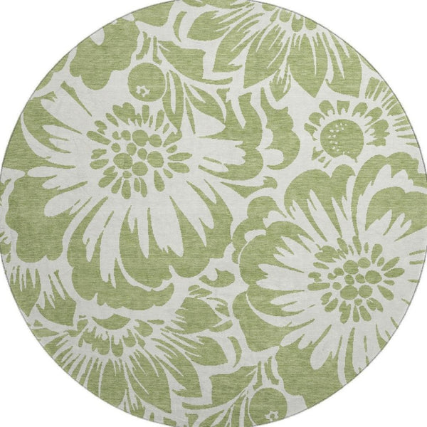 HomeRoots 8' Fern Green Floral Round Rug - Washable, UV-Protected, Durable & Stylish for Family Homes 648613