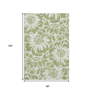 HomeRoots 8' X 10' Fern Green & Ivory Floral Area Rug – Washable, Stain-Resistant, UV Protected for Daily Use 648614