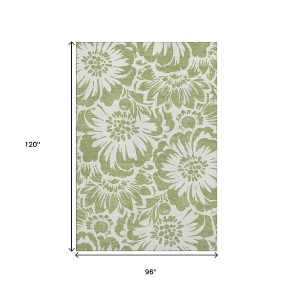 HomeRoots 8' X 10' Fern Green & Ivory Floral Area Rug – Washable, Stain-Resistant, UV Protected for Daily Use 648614