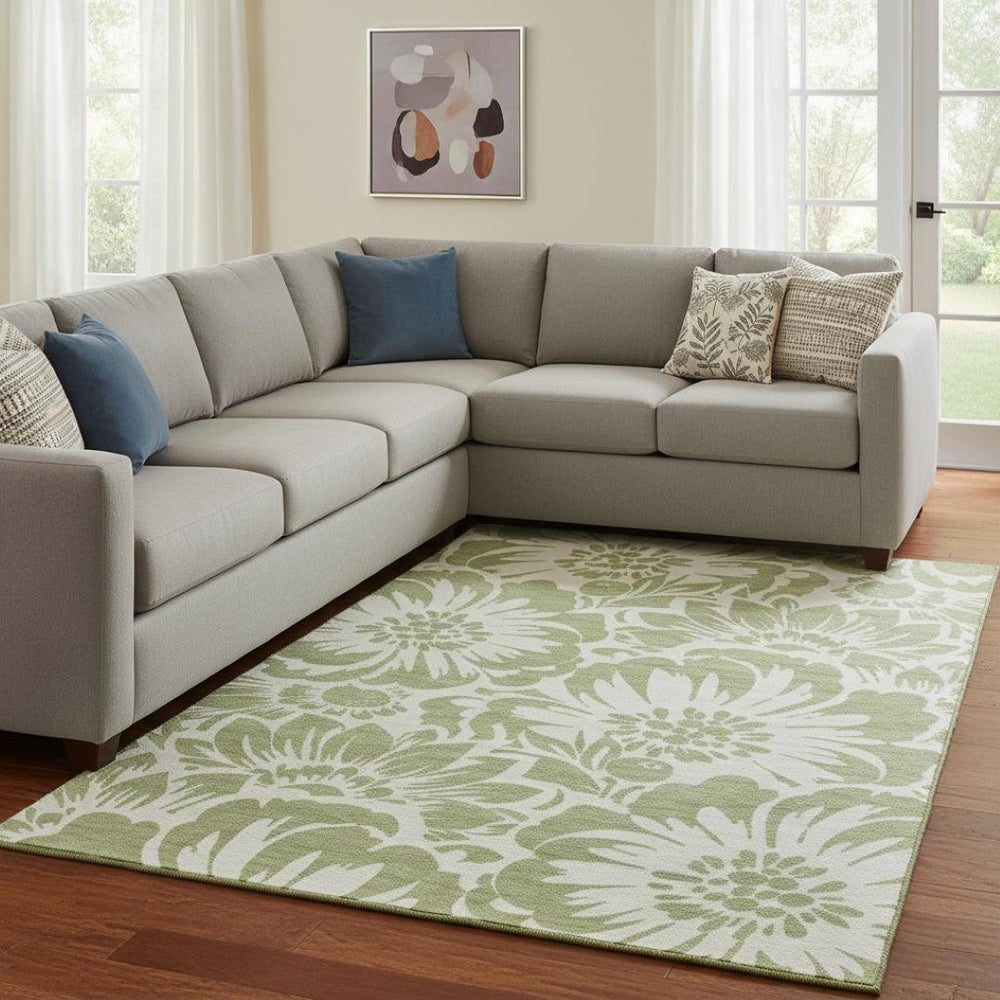 HomeRoots 8' X 10' Fern Green & Ivory Floral Area Rug – Washable, Stain-Resistant, UV Protected for Daily Use 648614