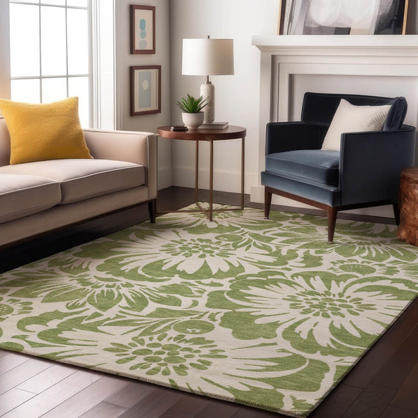 HomeRoots 9' X 12' Washable Fern Green & Ivory Floral Area Rug with UV Protection for Stylish Living Spaces 648615