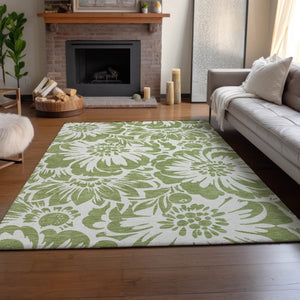 HomeRoots 9' X 12' Washable Fern Green & Ivory Floral Area Rug with UV Protection for Stylish Living Spaces 648615
