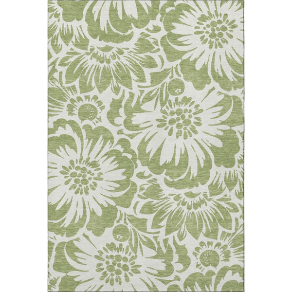 HomeRoots 9' X 12' Washable Fern Green & Ivory Floral Area Rug with UV Protection for Stylish Living Spaces 648615