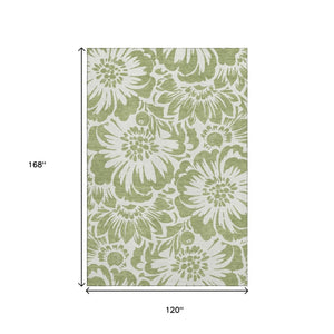 HomeRoots 10' X 14' Fern Green Floral Area Rug - Washable, Stain Resistant, UV Protected for Busy Homes 648616