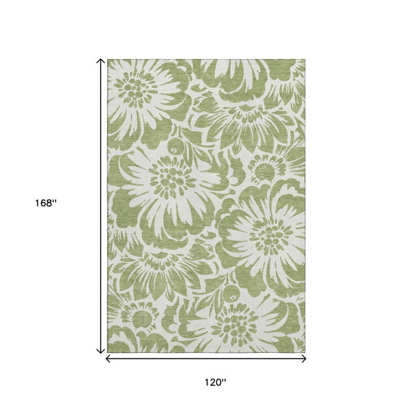HomeRoots 10' X 14' Fern Green Floral Area Rug - Washable, Stain Resistant, UV Protected for Busy Homes 648616
