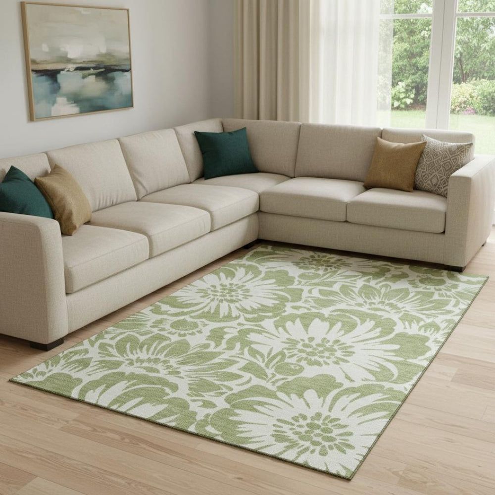 HomeRoots 10' X 14' Fern Green Floral Area Rug - Washable, Stain Resistant, UV Protected for Busy Homes 648616
