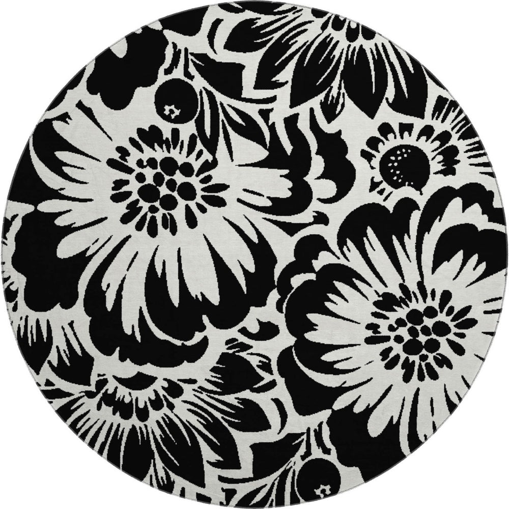 HomeRoots 8' Elegant Black and Ivory Floral Round Rug – Washable, UV Resistant, Perfect for Home and Patio Spaces 648619