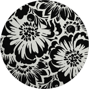 HomeRoots 8' Elegant Black and Ivory Floral Round Rug – Washable, UV Resistant, Perfect for Home and Patio Spaces 648619