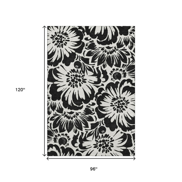 HomeRoots 8' X 10' Elegant Black and Ivory Floral Washable Area Rug with UV Protection for Stylish Living Spaces 648620
