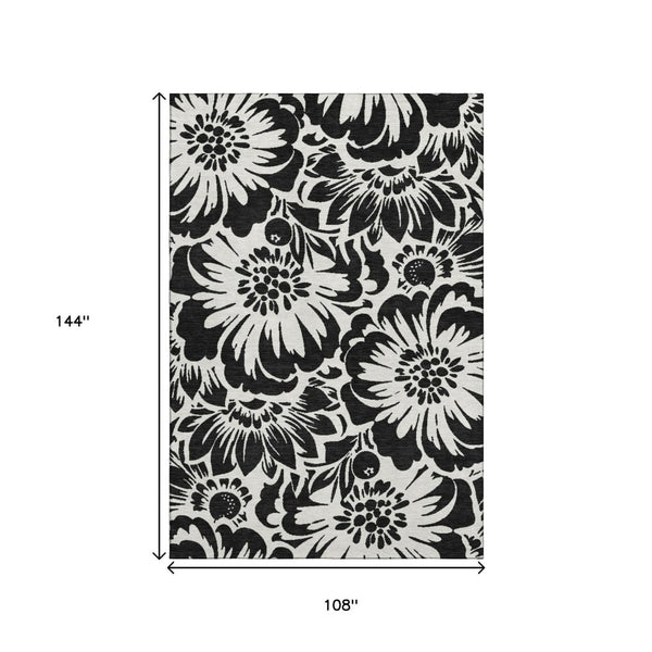 HomeRoots 9' X 12' Black and Ivory Floral Washable Area Rug - Stylish, Durable, UV-Protected for Any Space 648621
