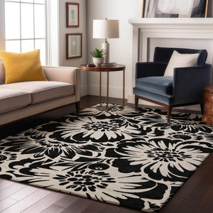 HomeRoots 9' X 12' Black and Ivory Floral Washable Area Rug - Stylish, Durable, UV-Protected for Any Space 648621
