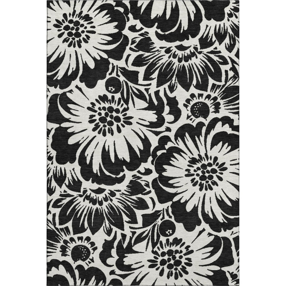 HomeRoots 9' X 12' Black and Ivory Floral Washable Area Rug - Stylish, Durable, UV-Protected for Any Space 648621