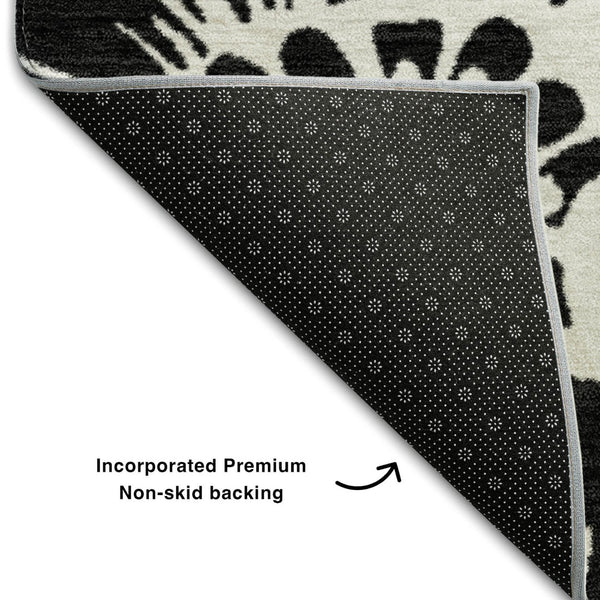 HomeRoots 9' X 12' Black and Ivory Floral Washable Area Rug - Stylish, Durable, UV-Protected for Any Space 648621