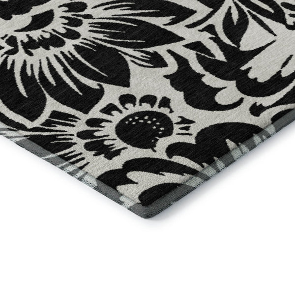 HomeRoots 9' X 12' Black and Ivory Floral Washable Area Rug - Stylish, Durable, UV-Protected for Any Space 648621