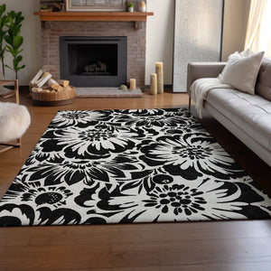 HomeRoots 9' X 12' Black and Ivory Floral Washable Area Rug - Stylish, Durable, UV-Protected for Any Space 648621