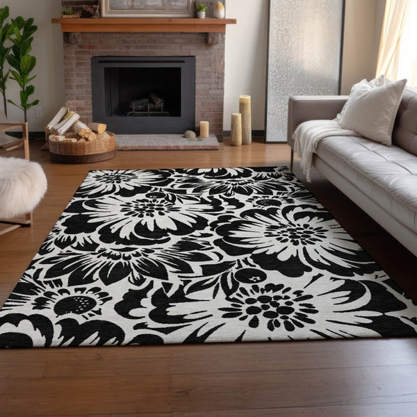 HomeRoots 9' X 12' Black and Ivory Floral Washable Area Rug - Stylish, Durable, UV-Protected for Any Space 648621