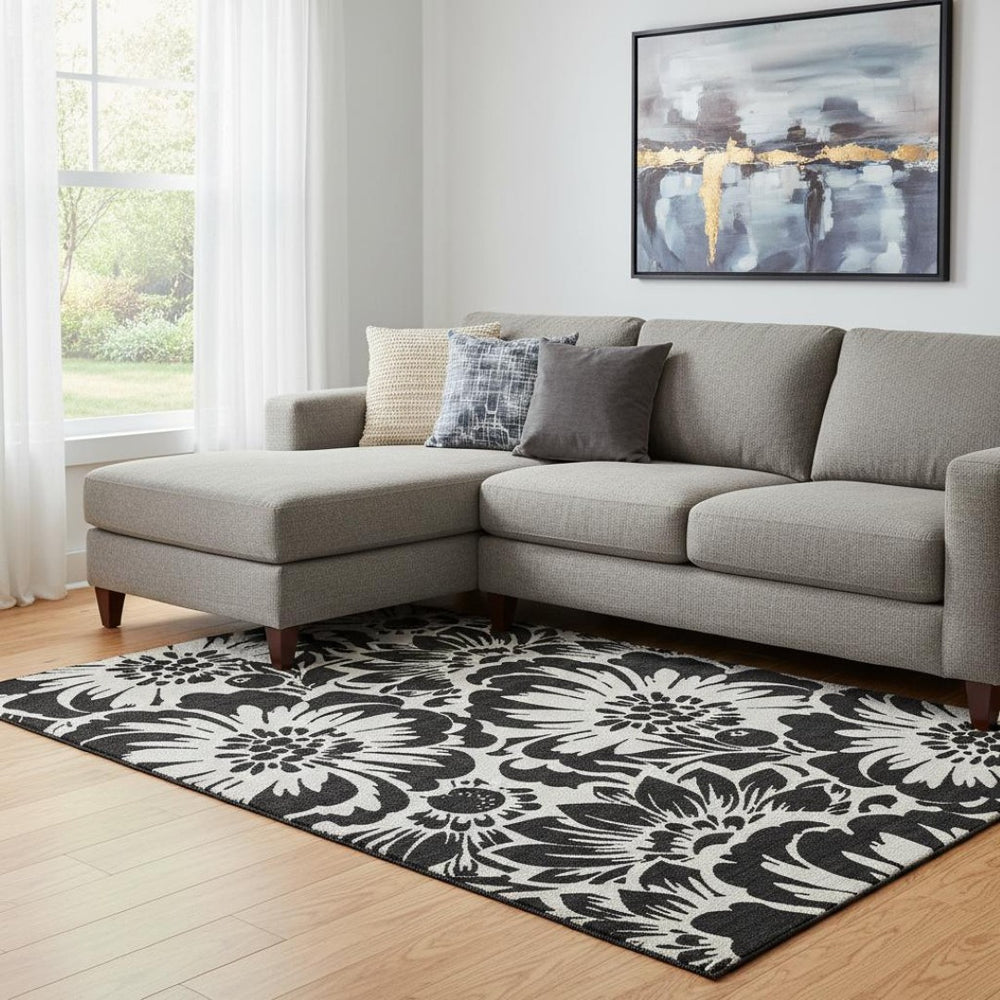 HomeRoots 9' X 12' Black and Ivory Floral Washable Area Rug - Stylish, Durable, UV-Protected for Any Space 648621