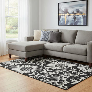 HomeRoots 9' X 12' Black and Ivory Floral Washable Area Rug - Stylish, Durable, UV-Protected for Any Space 648621