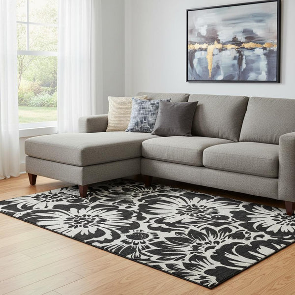 HomeRoots 9' X 12' Black and Ivory Floral Washable Area Rug - Stylish, Durable, UV-Protected for Any Space 648621